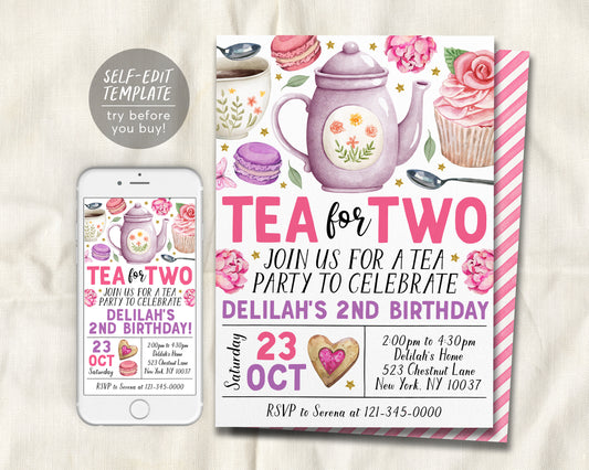 Tea For Two 2nd Birthday Invitation Editable Template