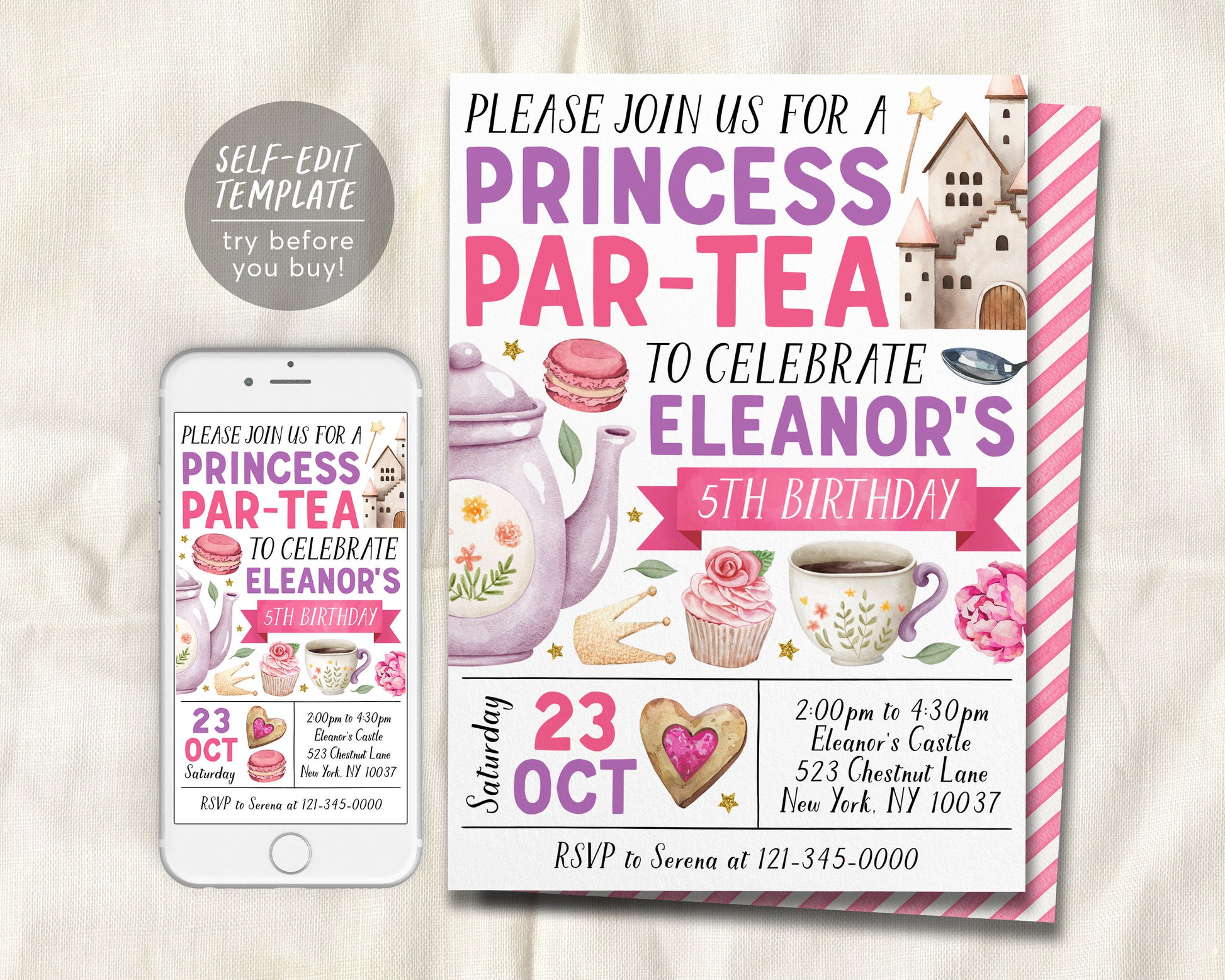 Princess Tea Party Birthday Invitation Editable Template, Kids Let's Par-Tea High Tea Castle Party Invite, Floral Whimsical Afternoon Tea