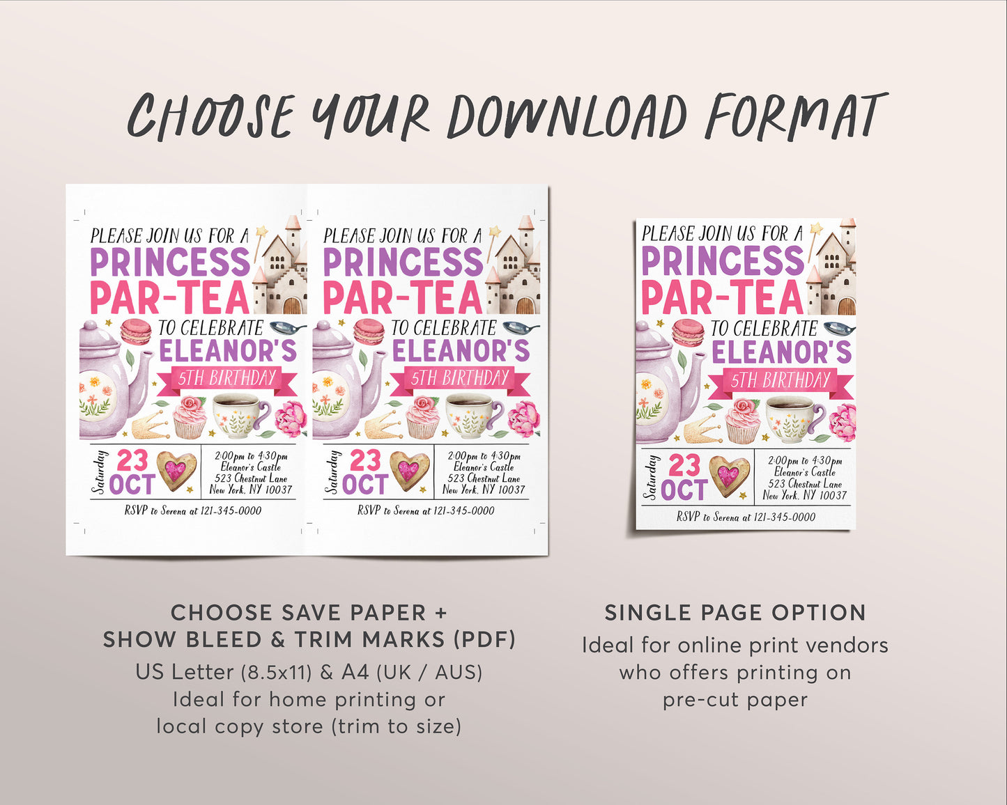 Princess Tea Party Birthday Invitation Editable Template, Kids Let's Par-Tea High Tea Castle Party Invite, Floral Whimsical Afternoon Tea