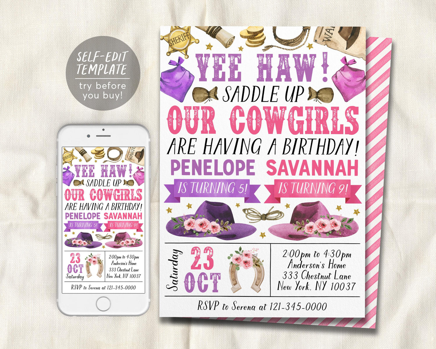 Rodeo Cowgirls Joint Siblings Birthday Invitation Editable Template