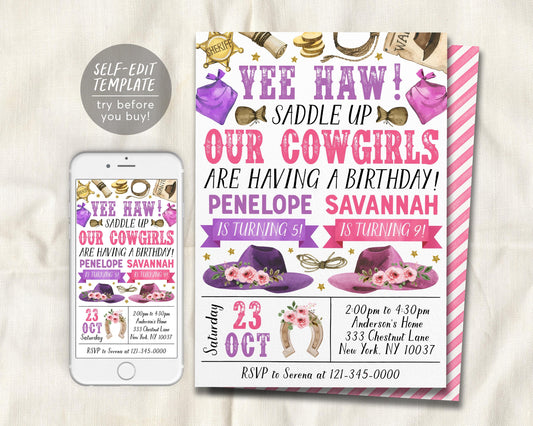 Rodeo Cowgirls Joint Siblings Birthday Invitation Editable Template