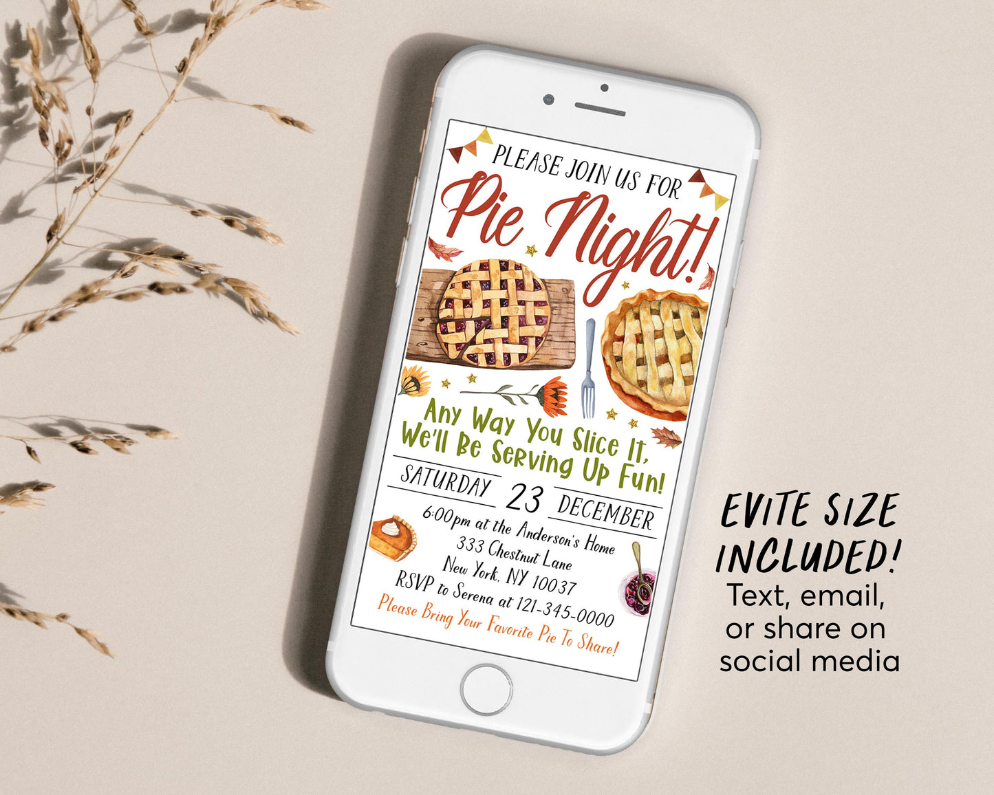 Pie Night Invitation Editable Template, Friendsgiving Party Invite, Thanksgiving Pie Fundraiser Flyer Evite, Fall Autumn Potluck Dinner Pie