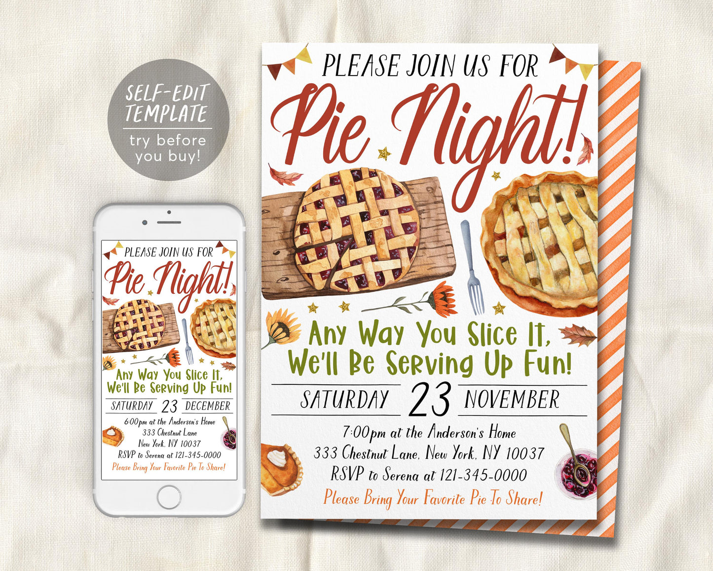 Pie Night Invitation Editable Template