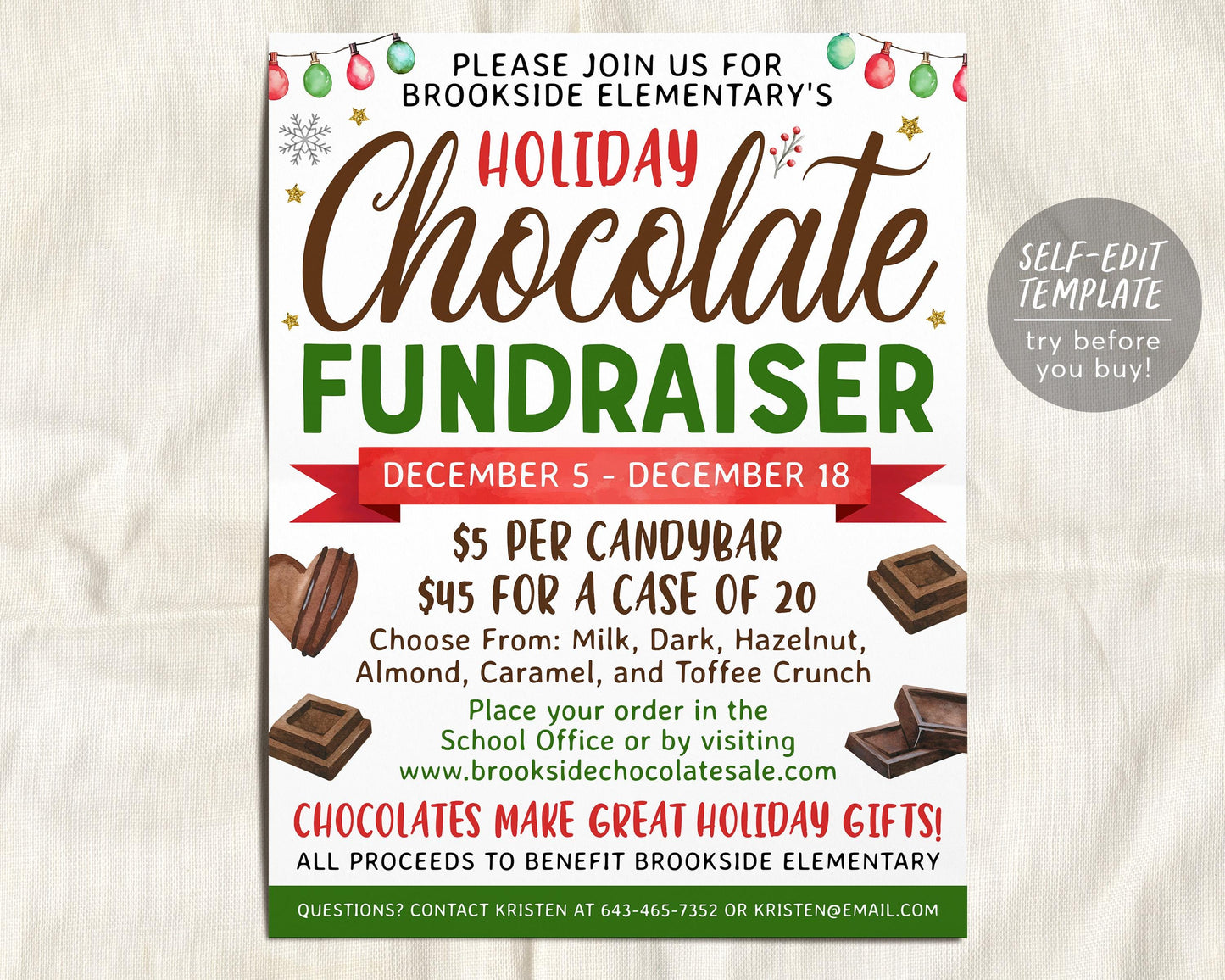 Christmas Chocolate Fundraiser Flyer Invitation Editable Template, Holiday Chocolate Candy Bar Sale Poster, Winter School PTO PTA Church