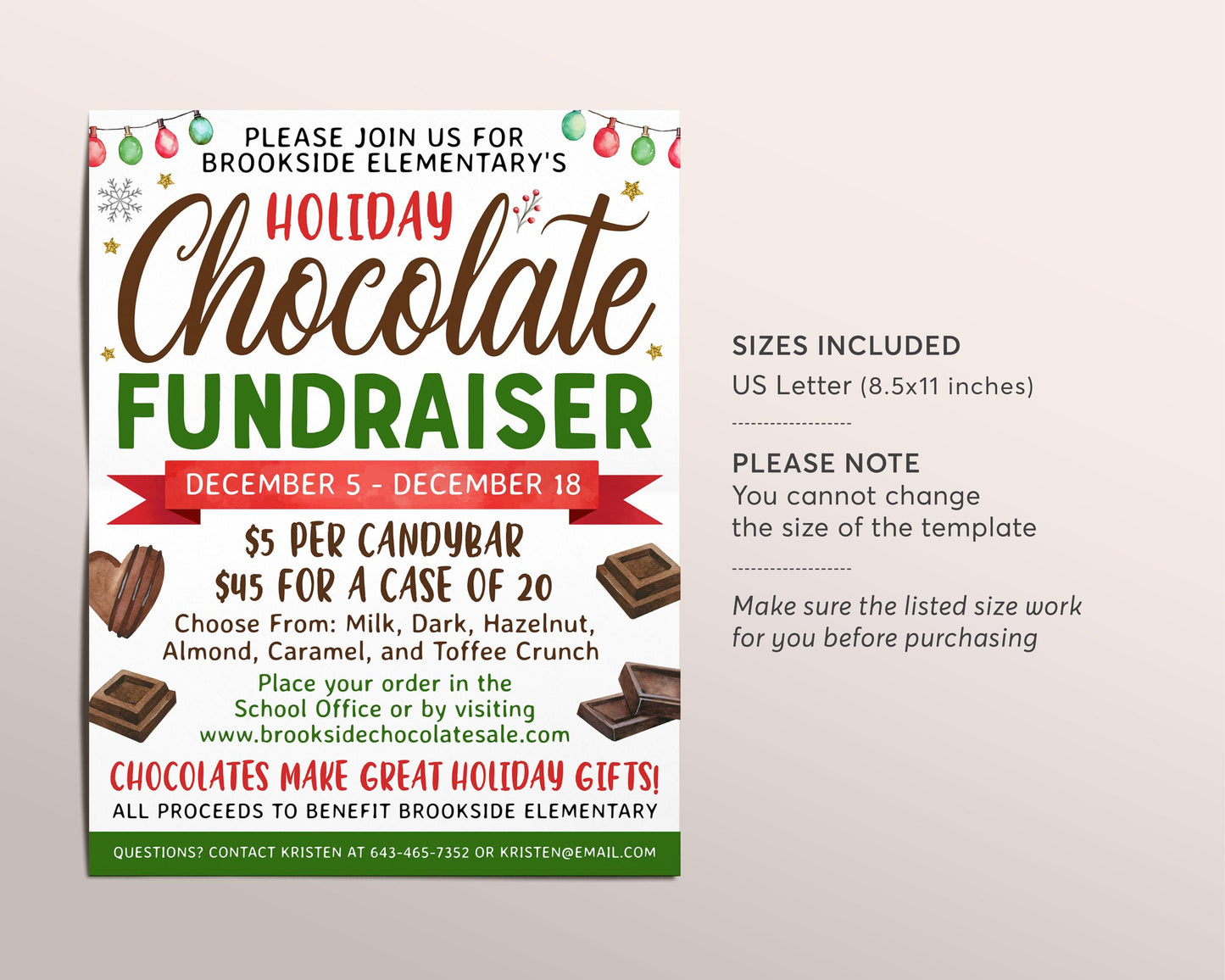 Christmas Chocolate Fundraiser Flyer Invitation Editable Template, Holiday Chocolate Candy Bar Sale Poster, Winter School PTO PTA Church