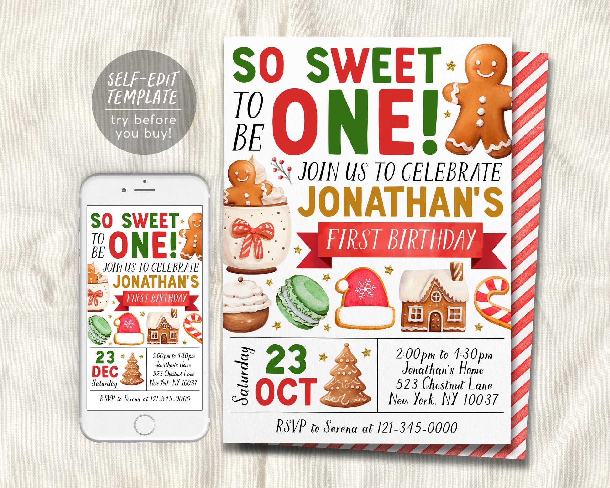 So Sweet Gingerbread First Birthday Invitation Editable Template