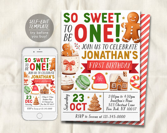 So Sweet Gingerbread First Birthday Invitation Editable Template