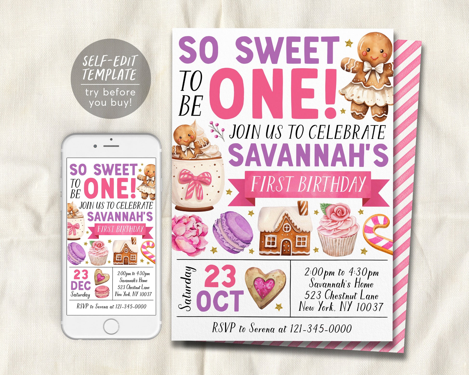 So Sweet Gingerbread First Birthday Invitation Editable Template