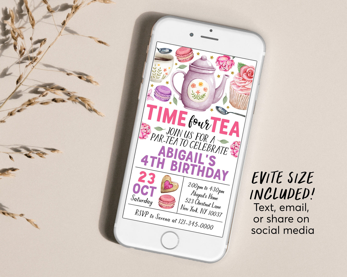 Time Four Tea 4th Birthday Invitation Editable Template, Kids Let's Par-Tea High Tea Garden Party Invite, Floral Whimsical Afternoon Tea