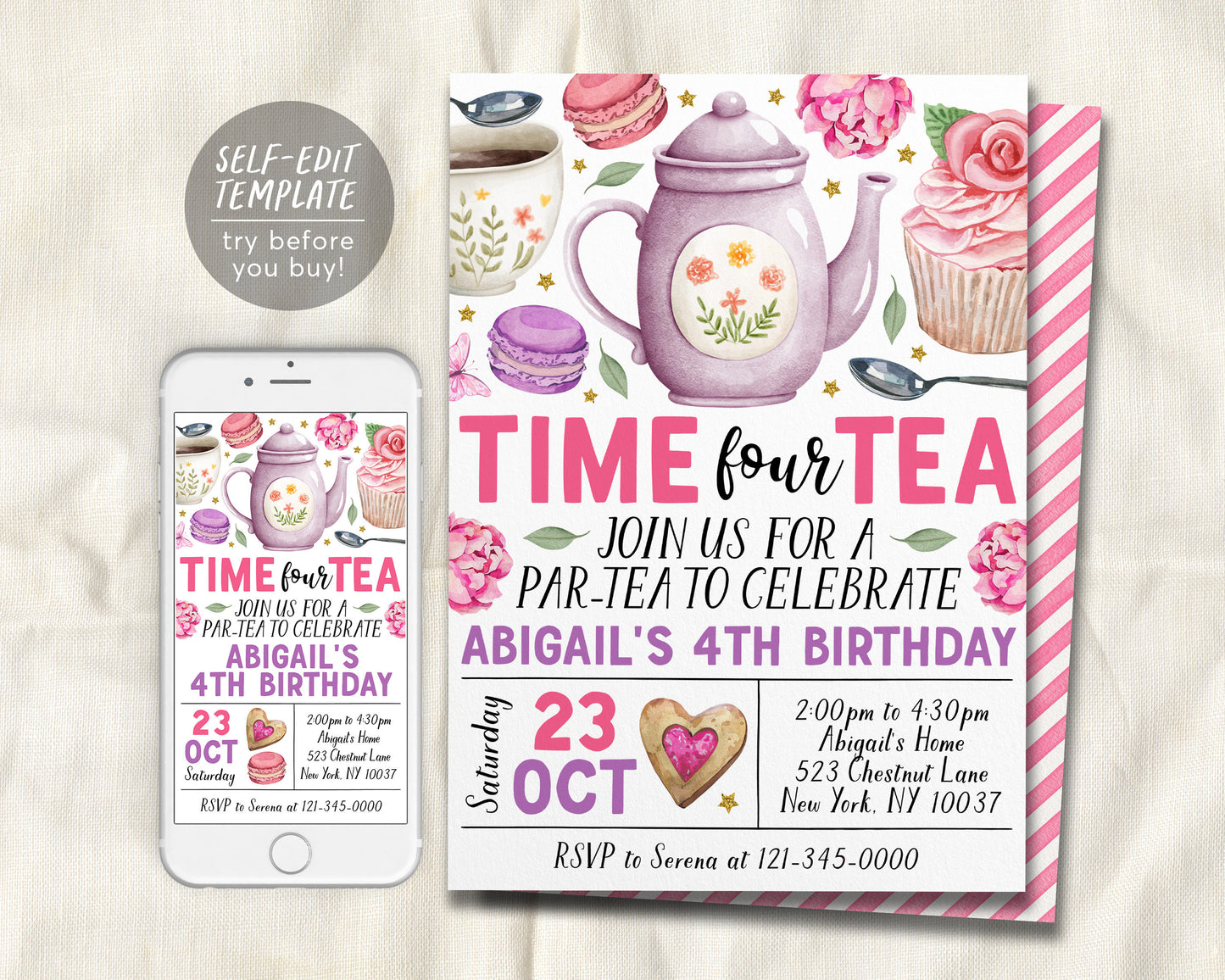 Time Four Tea 4th Birthday Invitation Editable Template