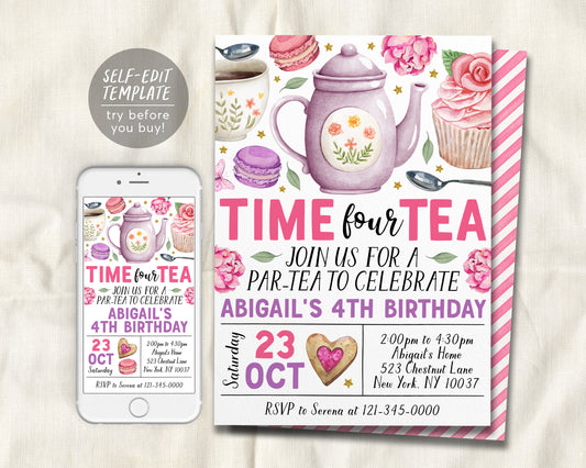 Time Four Tea 4th Birthday Invitation Editable Template