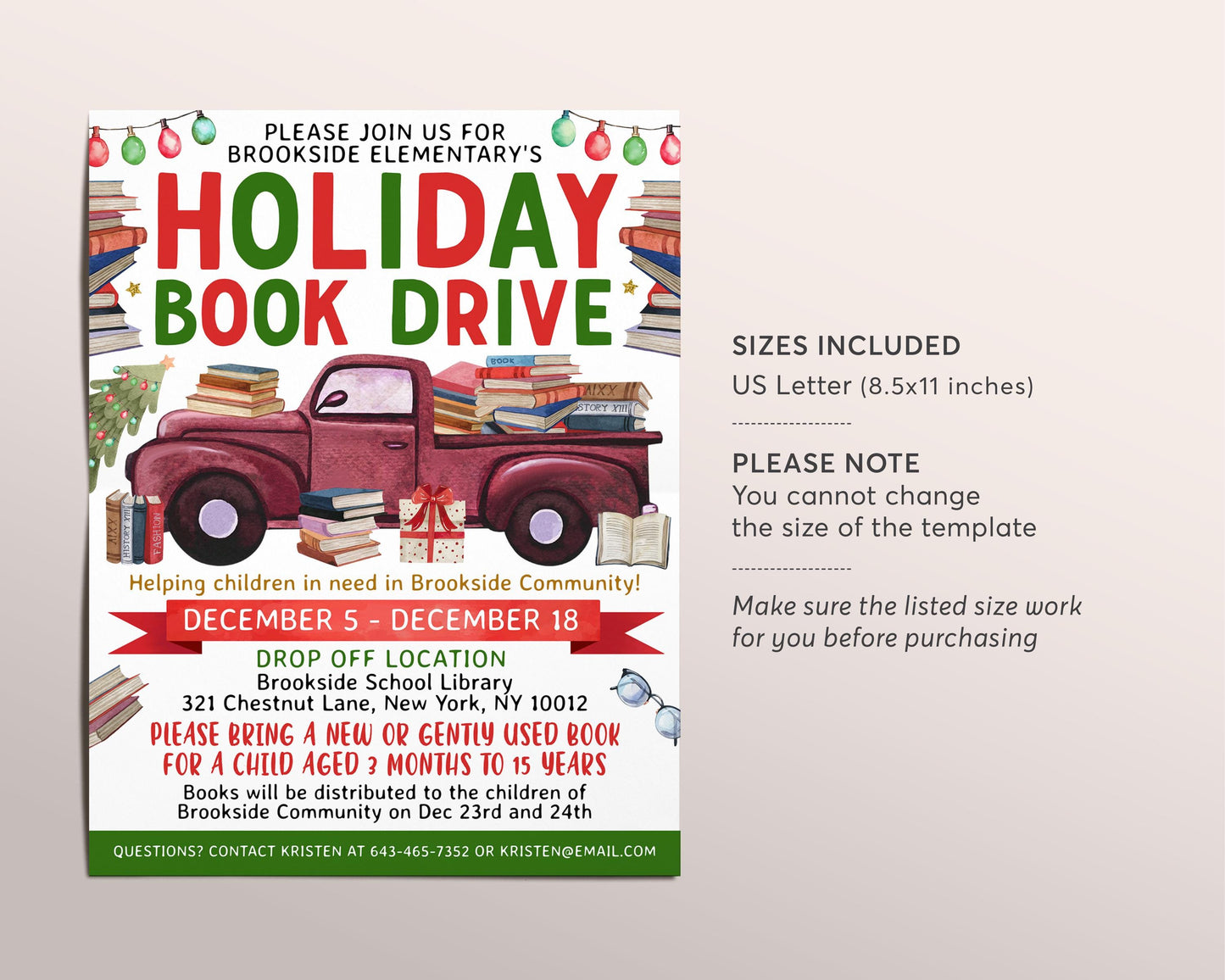 Holiday Book Drive Flyer Editable Template, Christmas Book Donation Charity Fundraiser Poster Invitation, Winter School Church Community