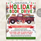 Holiday Book Drive Flyer Editable Template, Christmas Book Donation Charity Fundraiser Poster Invitation, Winter School Church Community