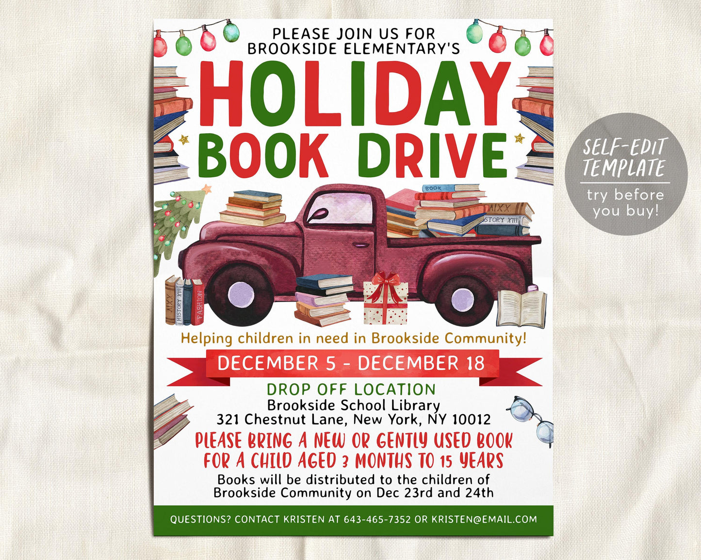 Holiday Book Drive Flyer Editable Template, Christmas Book Donation Charity Fundraiser Poster Invitation, Winter School Church Community