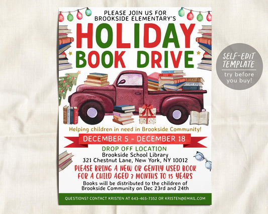 Holiday Book Drive Flyer Editable Template, Christmas Book Donation Charity Fundraiser Poster Invitation, Winter School Church Community