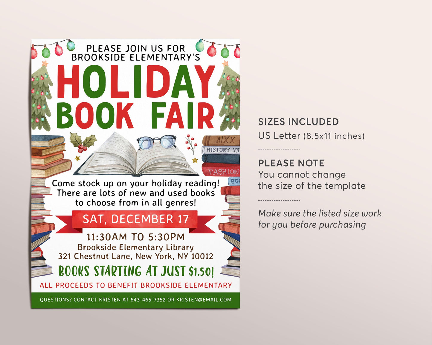 Holiday Book Fair Flyer Editable Template, Christmas Book Sale Fundraiser Poster, Winter Library School Community Shopping Literacy Event