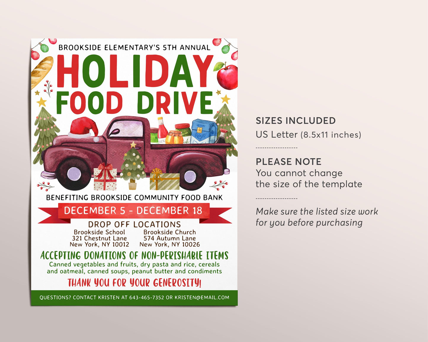 Holiday Food Drive Flyer Editable Template, Christmas Food Donations Drop Off Food Bank, Winter School PTO PTA Church Community Fundraiser