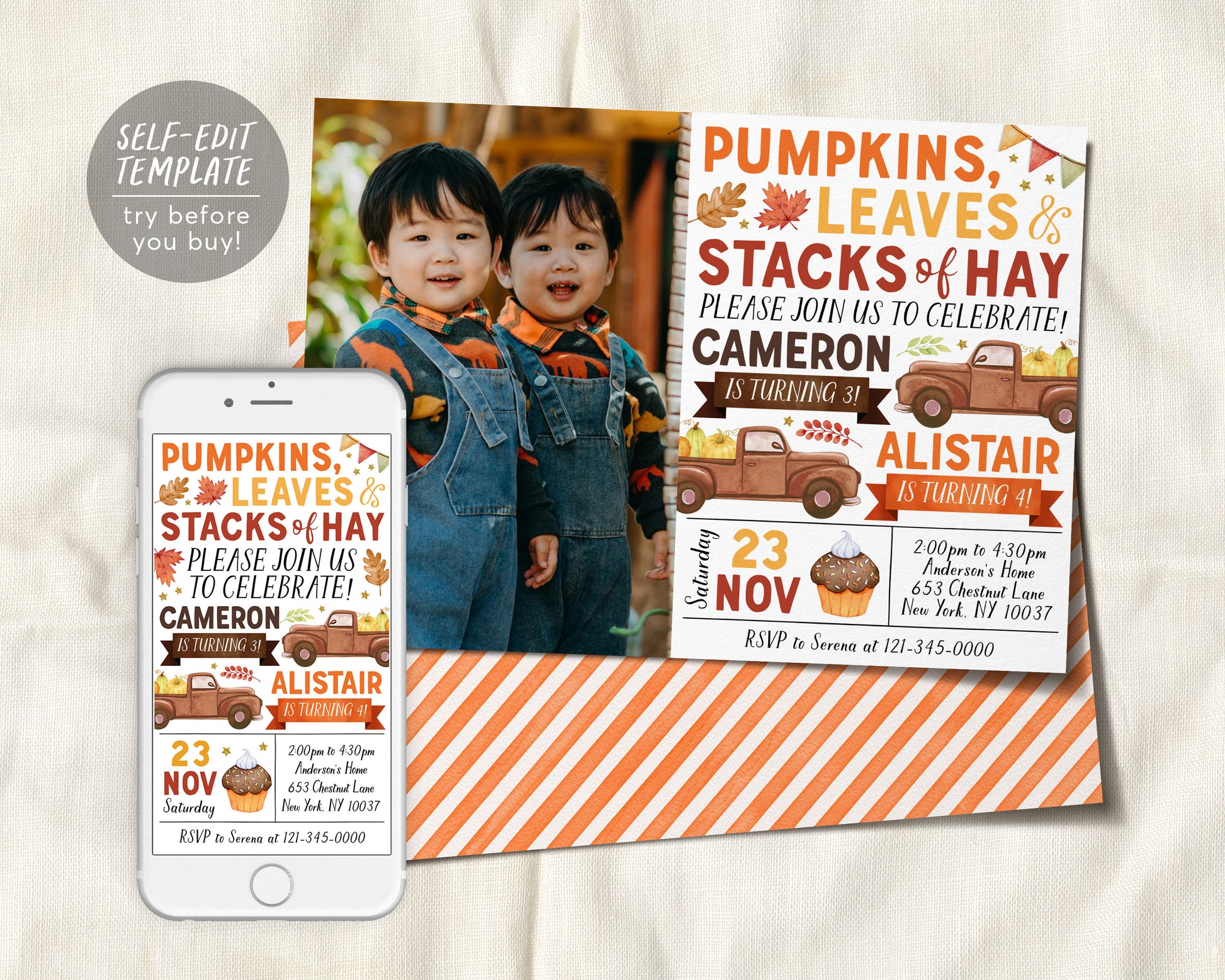 Pumpkin Truck Joint Siblings Birthday Invitation With Photo Editable Template