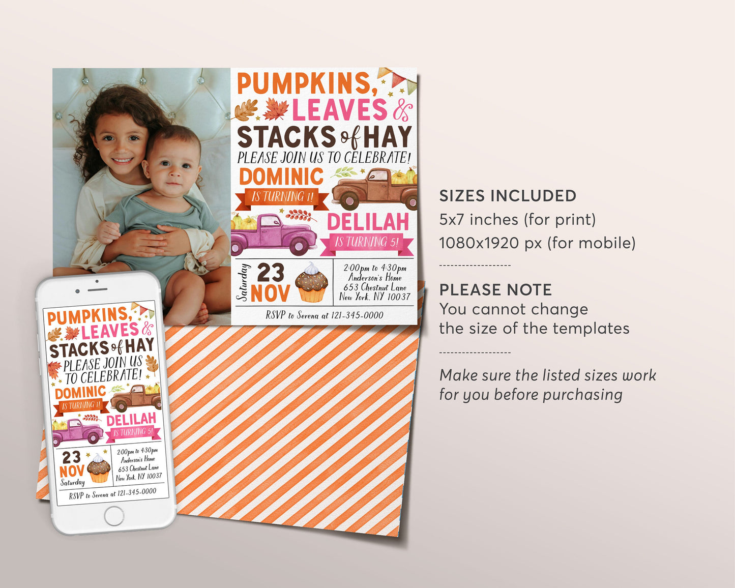 Pumpkin Truck Joint Siblings Birthday Invitation With Photo Editable Template, Kids Twins Autumn Party Invite, Pumpkins Leaves Stacks Of Hay