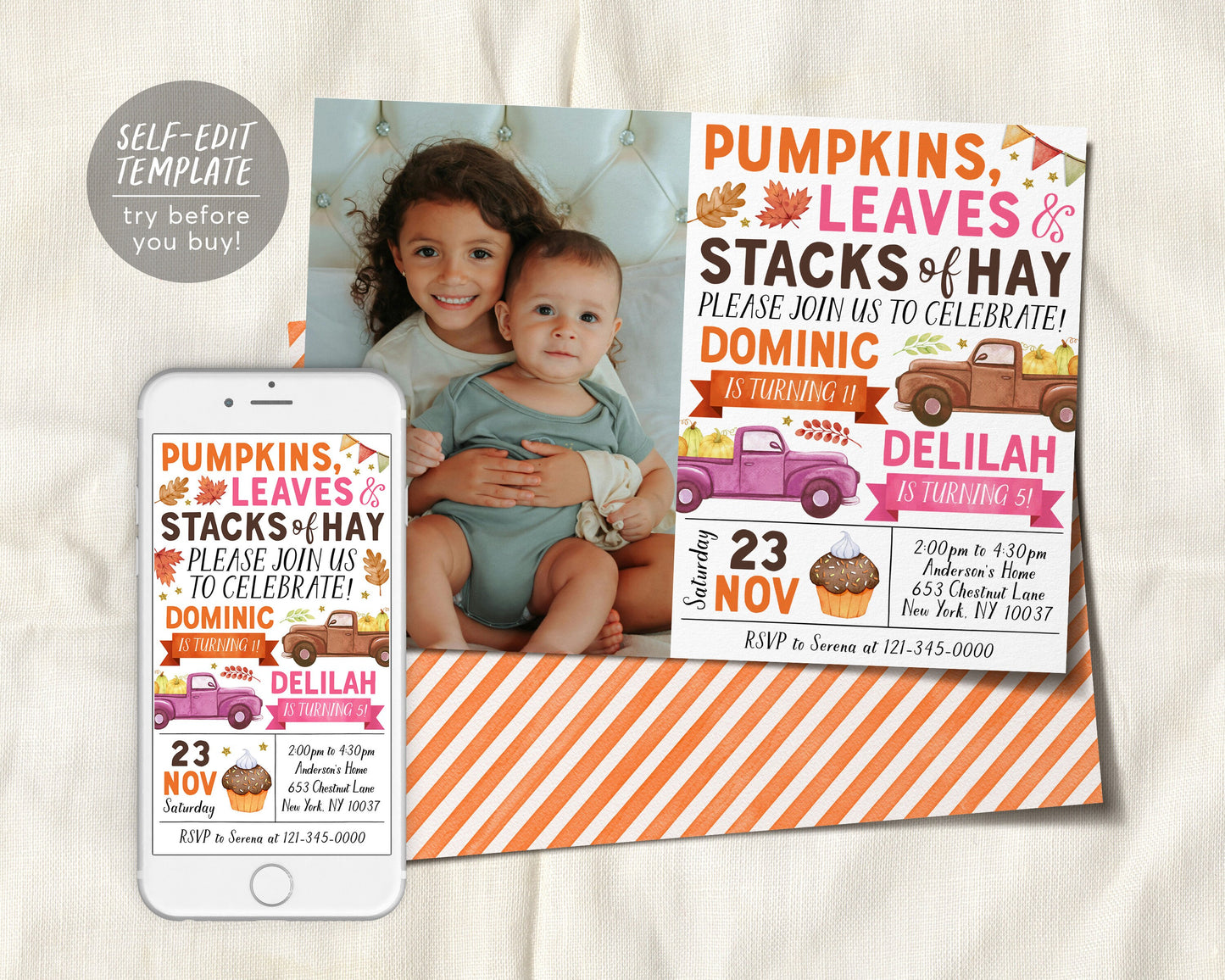 Pumpkin Truck Joint Siblings Birthday Invitation With Photo Editable Template