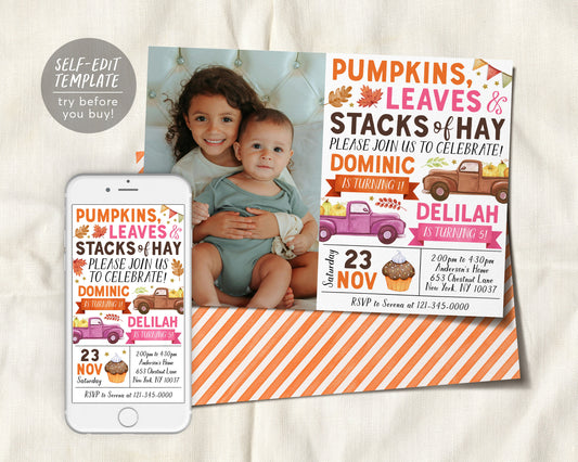 Pumpkin Truck Joint Siblings Birthday Invitation With Photo Editable Template