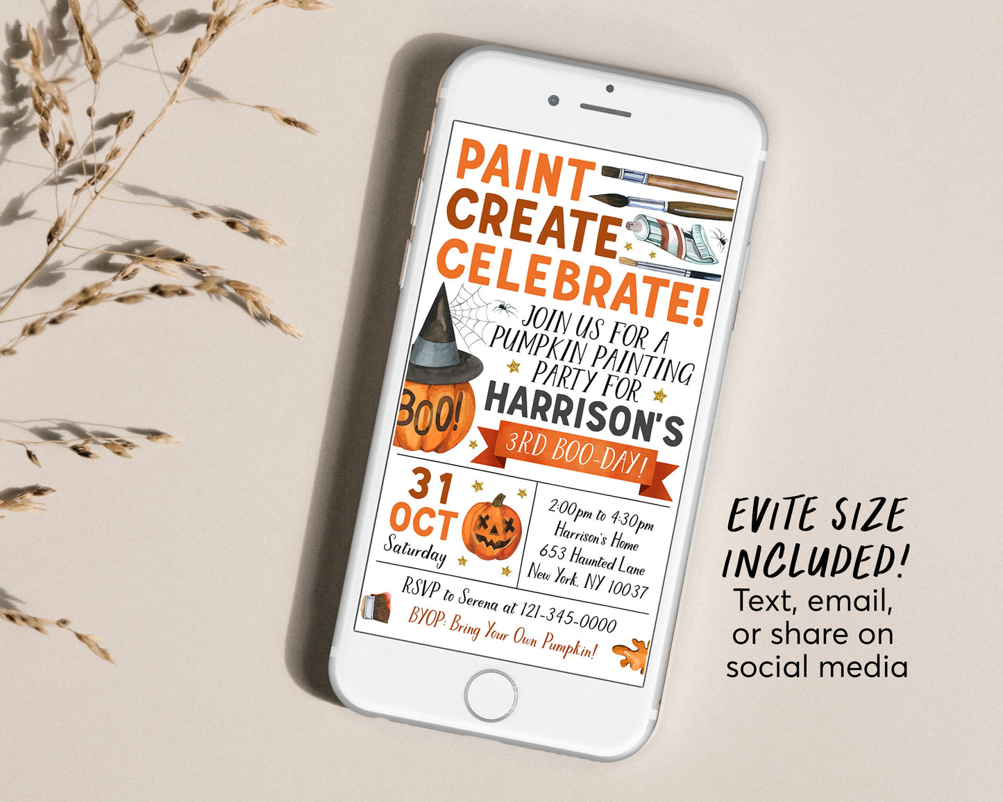 Pumpkin Painting Party Birthday Invitation With Photo Editable Template, Kids Halloween Pumpkin Art Party Night Invite, Fall Celebration