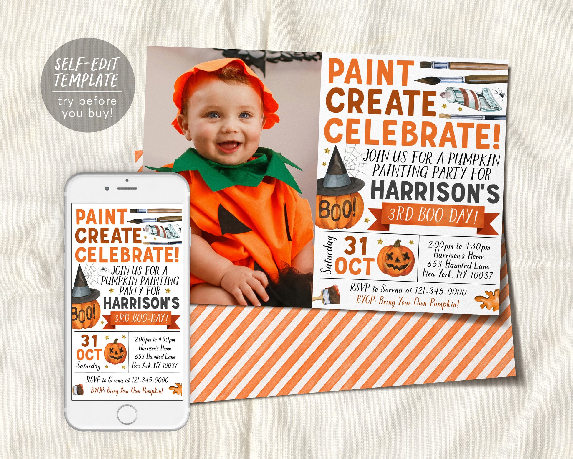 Pumpkin Painting Party Birthday Invitation With Photo Editable Template