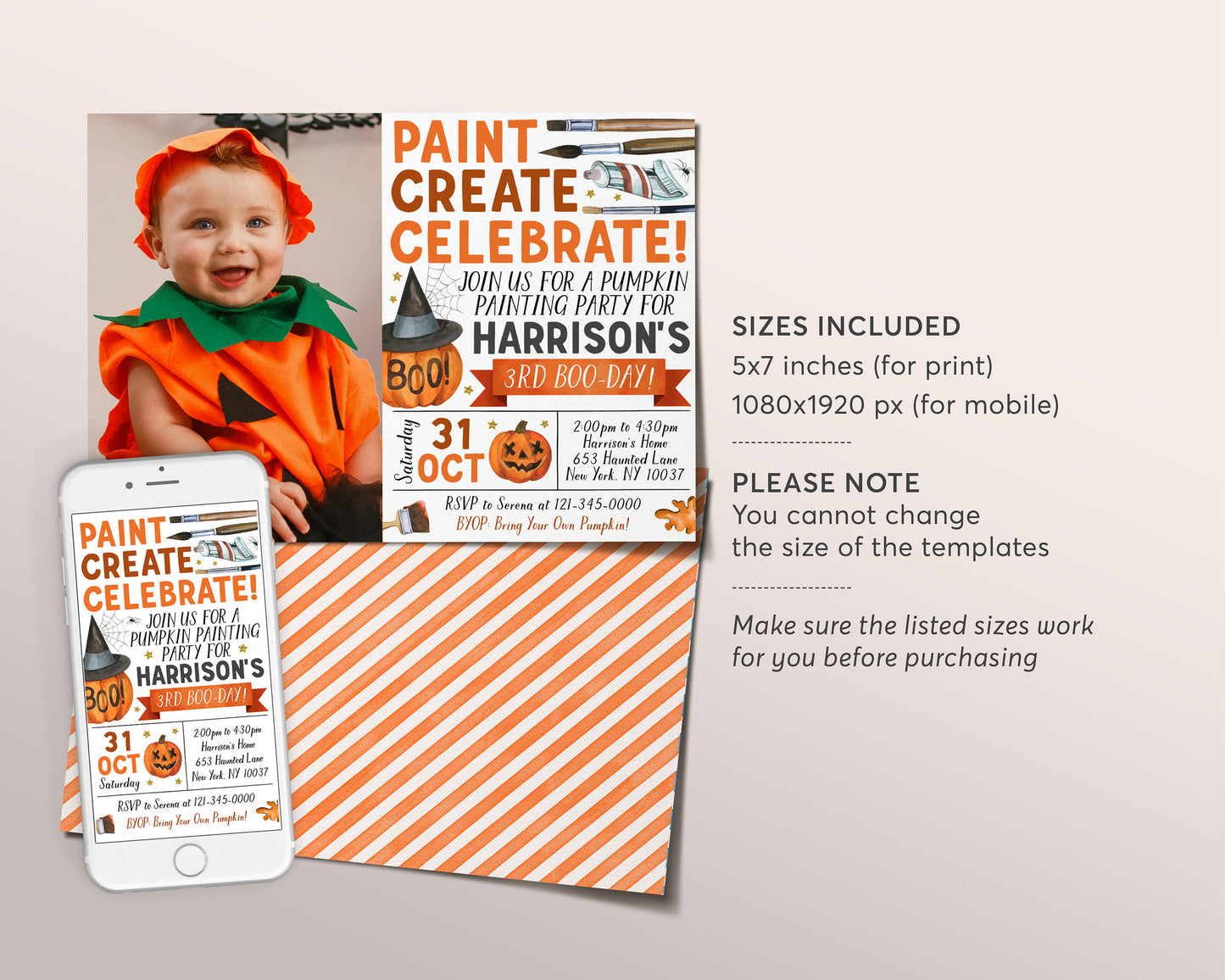 Pumpkin Painting Party Birthday Invitation With Photo Editable Template, Kids Halloween Pumpkin Art Party Night Invite, Fall Celebration