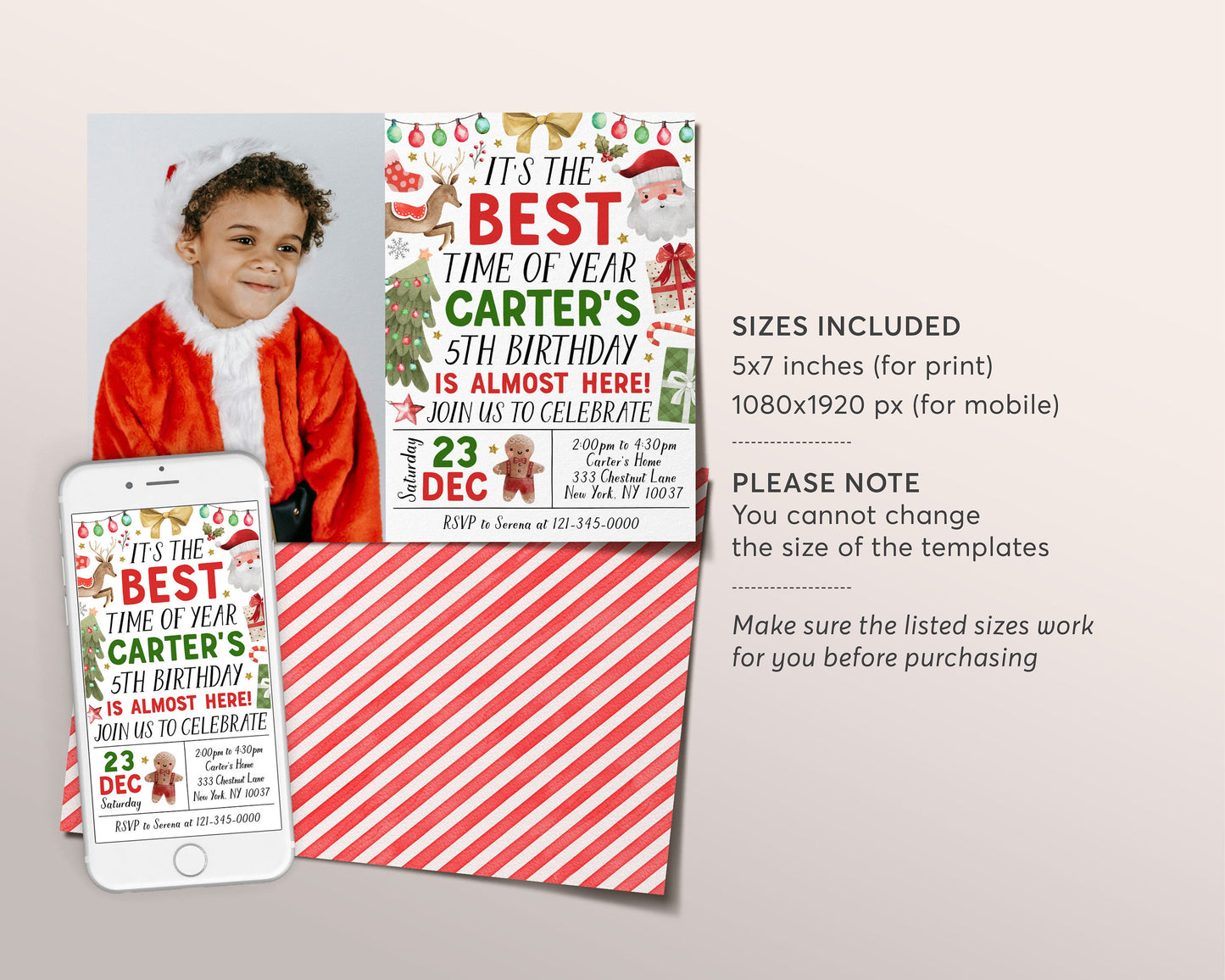 Christmas Birthday Invitation With Photo Editable Template, It's The Best Time of Year Party Invite, Kids Holiday Santa Birthday Evite