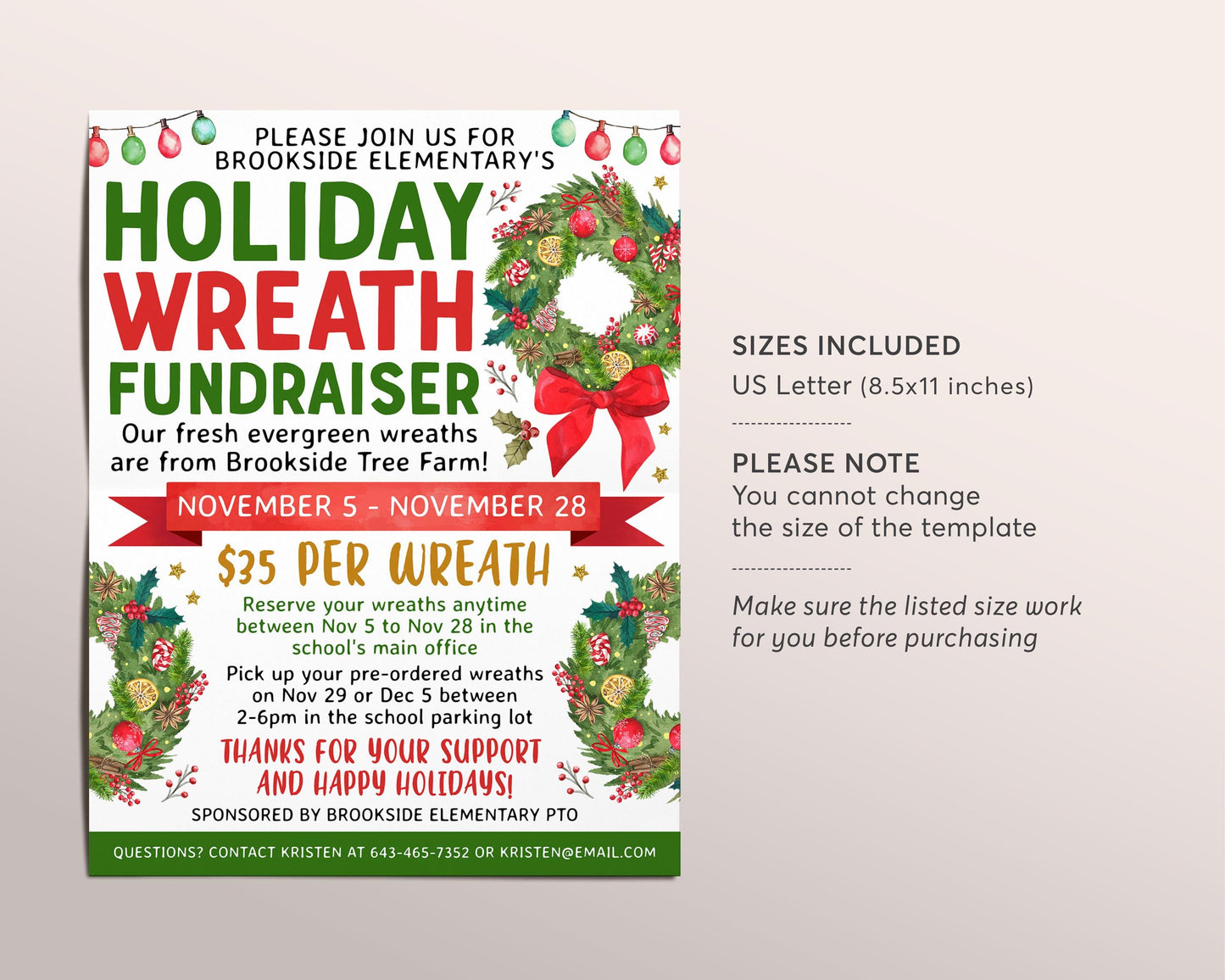 Holiday Wreath Flyer Editable Template, Christmas Wreath Fundraiser Sale Flyer, Winter School Church PTO PTA Poster Community Shopping Event