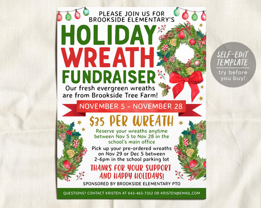 Holiday Wreath Flyer Editable Template