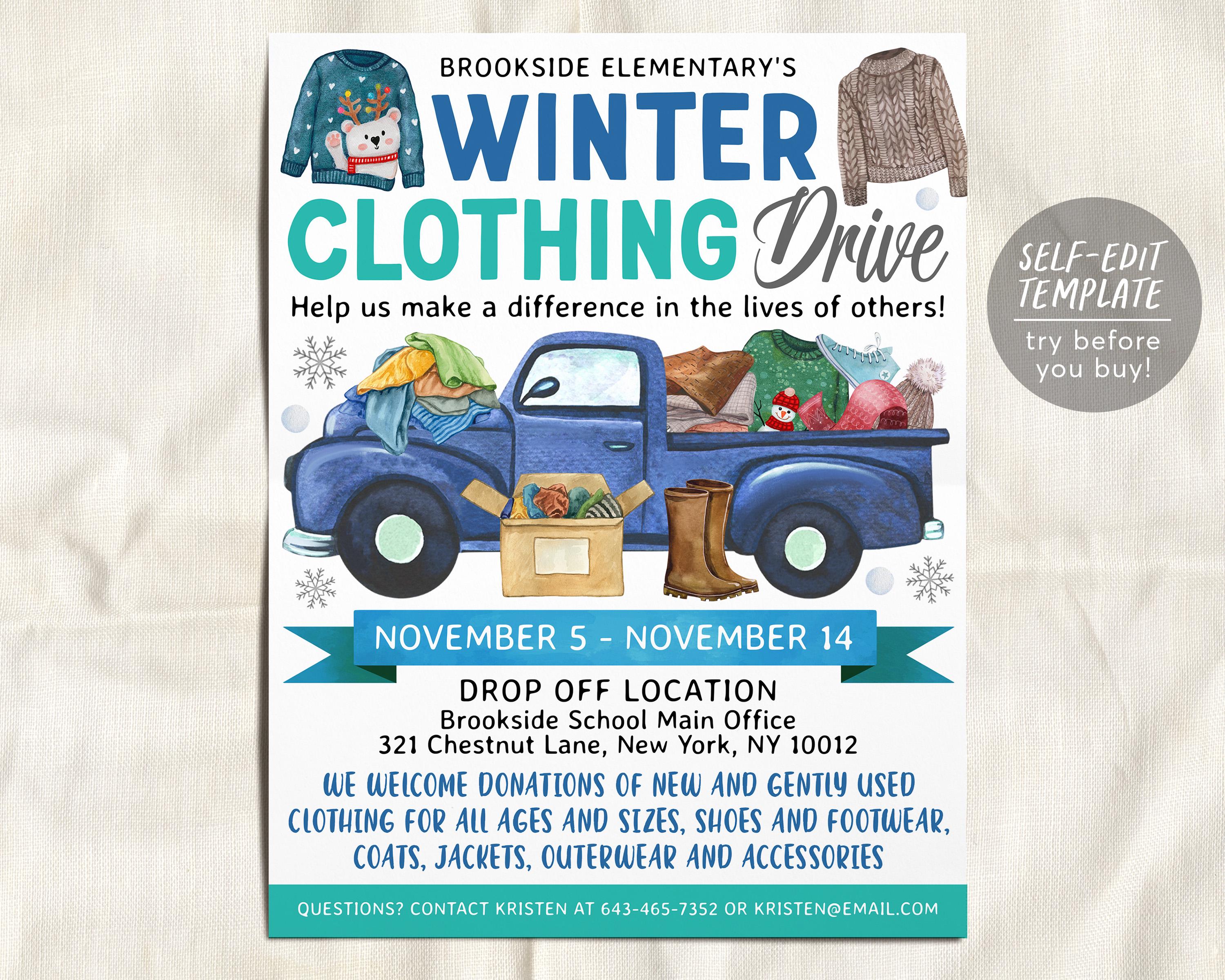 Winter Coat Drive Flyer Editable Template, Clothing Drive Donation Fun ...