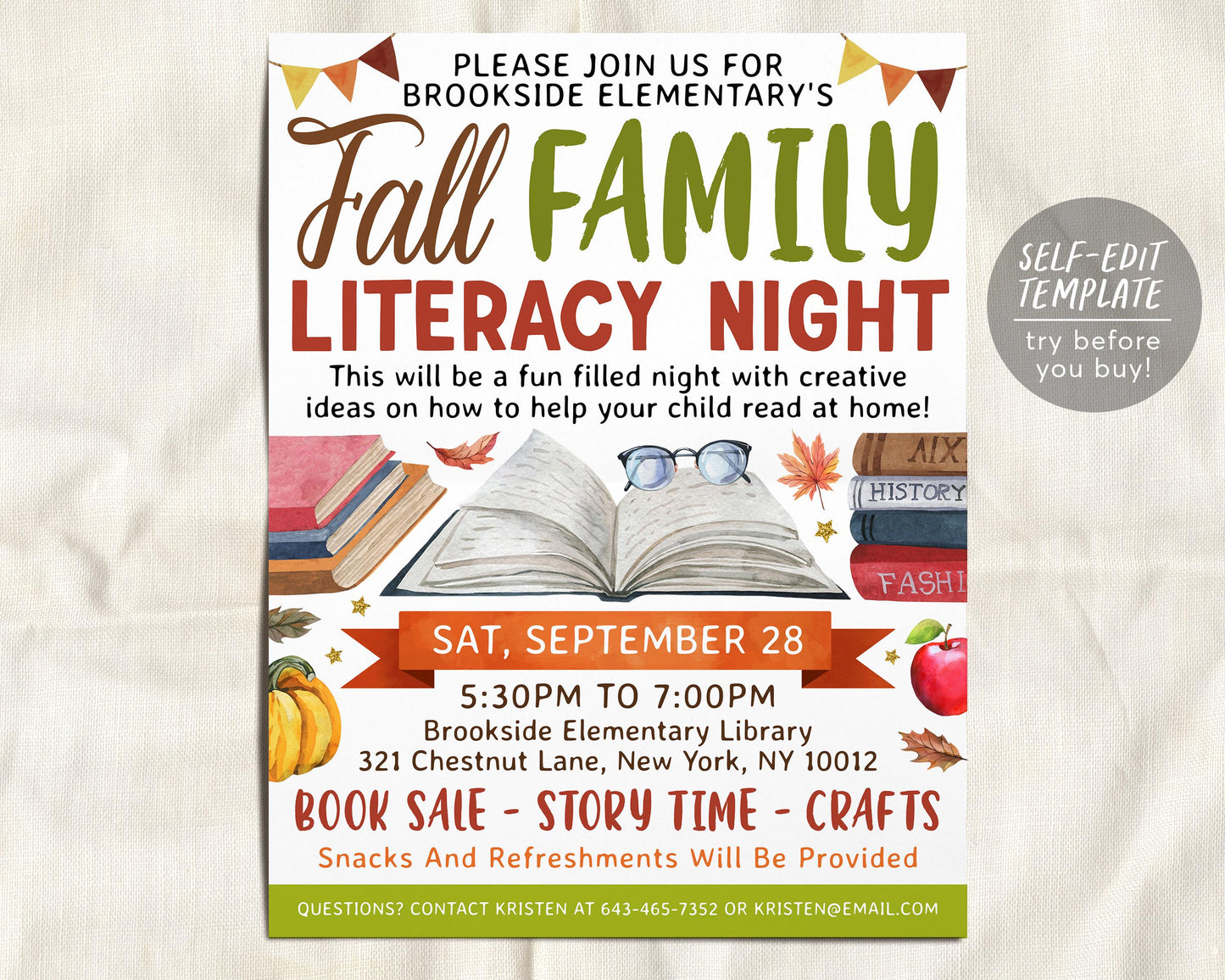 Family Fall Literacy Flyer Editable Template