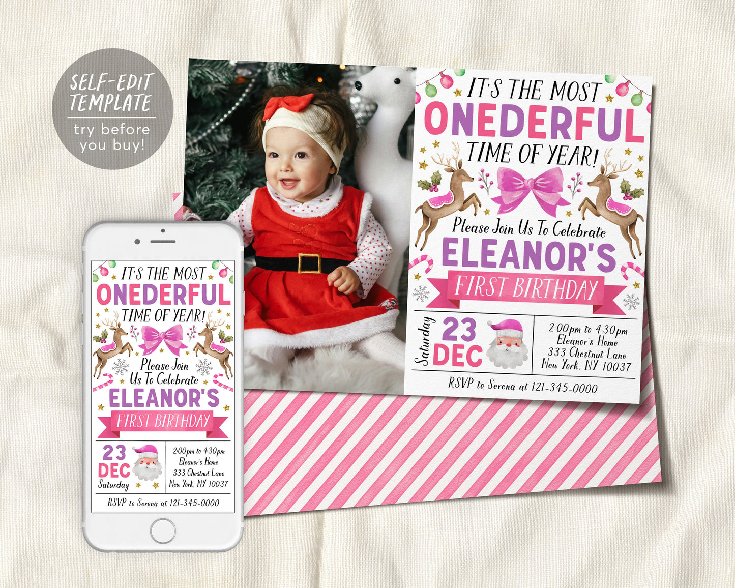 Christmas First Birthday Invitation With Photo Editable Template