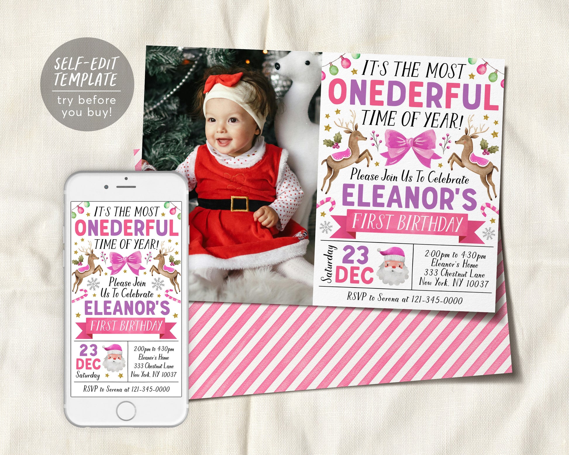 Christmas First Birthday Invitation With Photo Editable Template