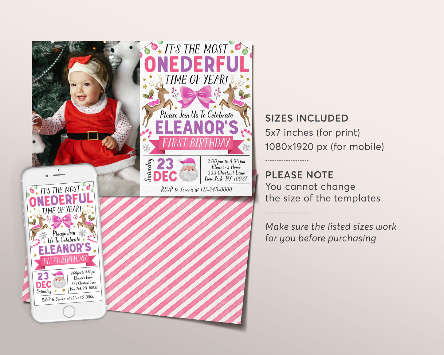 Christmas First Birthday Invitation With Photo Editable Template, Onederful Time of the Year 1st Birthday Party Invite, Girl Holiday Evite