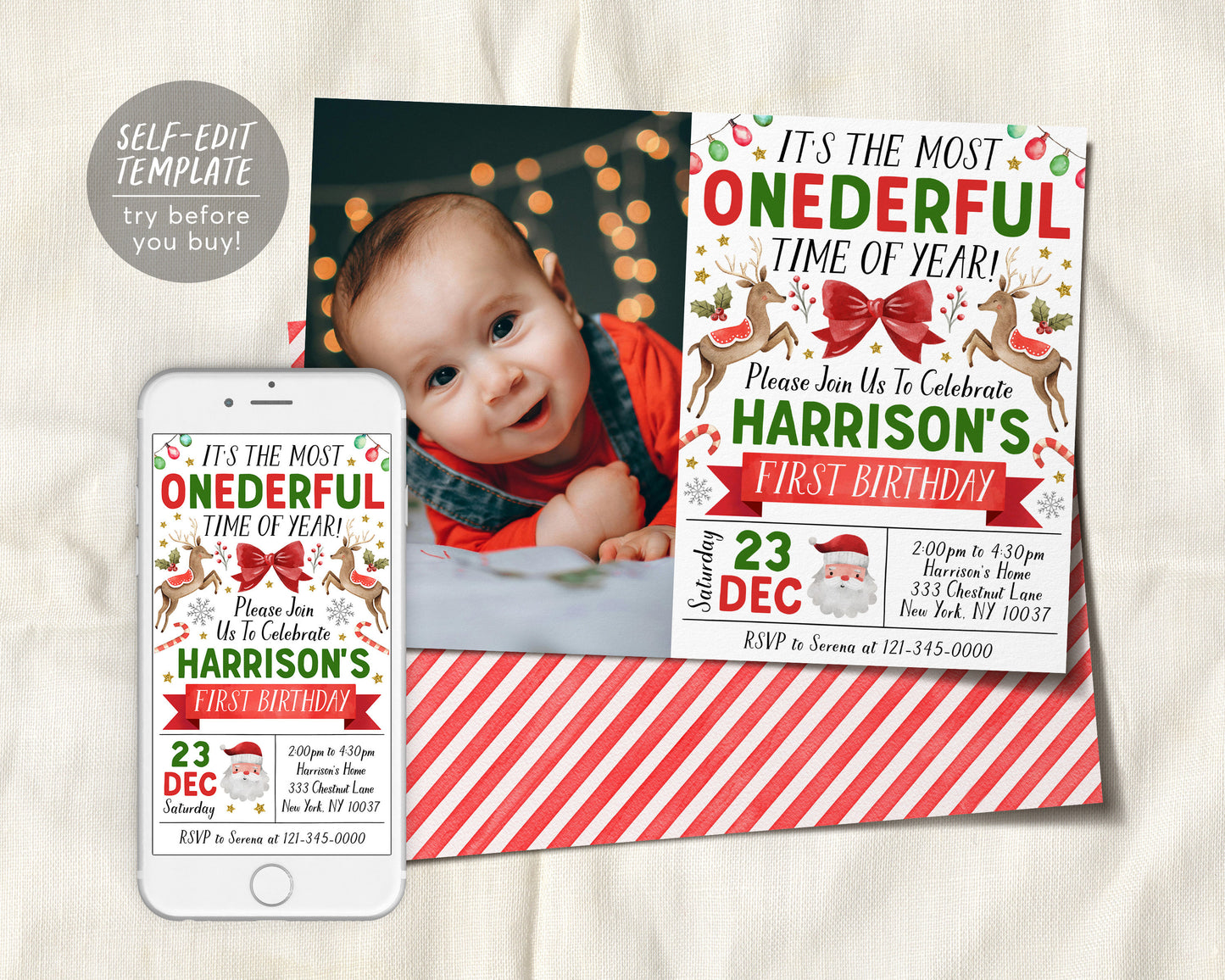 Christmas First Birthday Invitation With Photo Editable Template