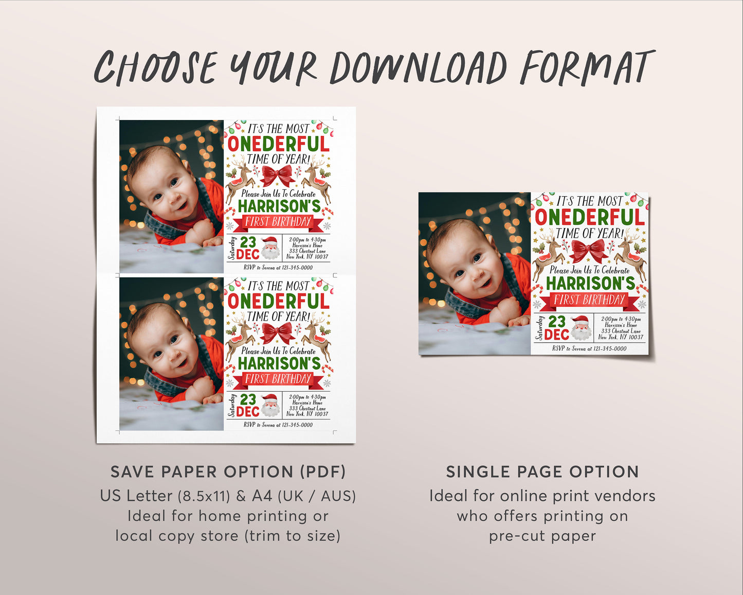 Christmas First Birthday Invitation With Photo Editable Template, Onederful Time of the Year 1st Birthday Party Invite, Kids Holiday Evite