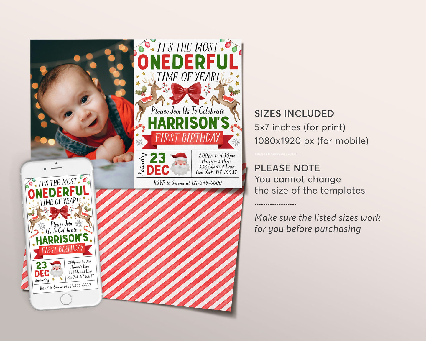 Christmas First Birthday Invitation With Photo Editable Template, Onederful Time of the Year 1st Birthday Party Invite, Kids Holiday Evite