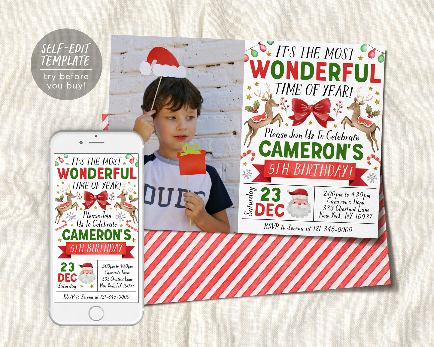 Christmas Birthday Invitation With Photo Editable Template