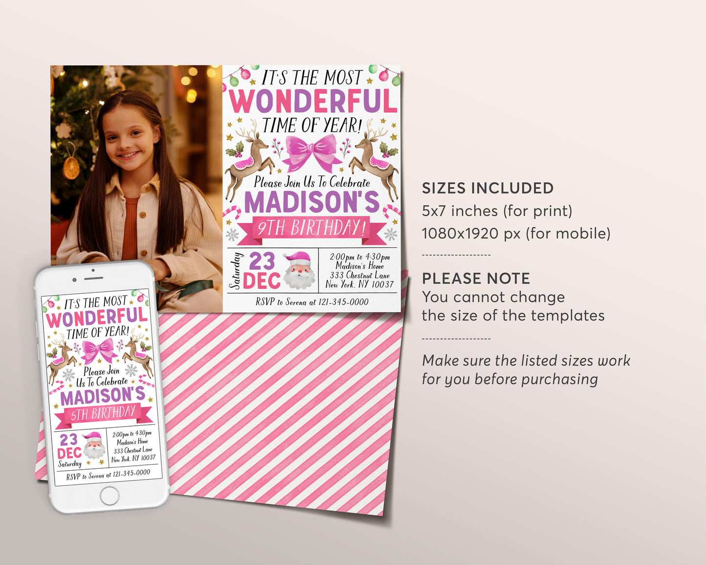 Christmas Birthday Invitation With Photo Editable Template, Most Wonderful Time of the Year Party Invite, Kids Girl Santa Holiday Evite