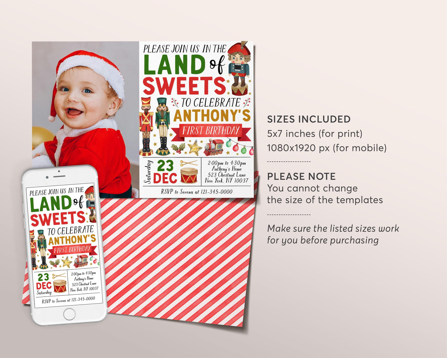 Nutcracker Birthday Invitation With Photo Editable Template, Kids Nutcracker Land of Sweets Christmas Party Invite, Holiday Winter Evite