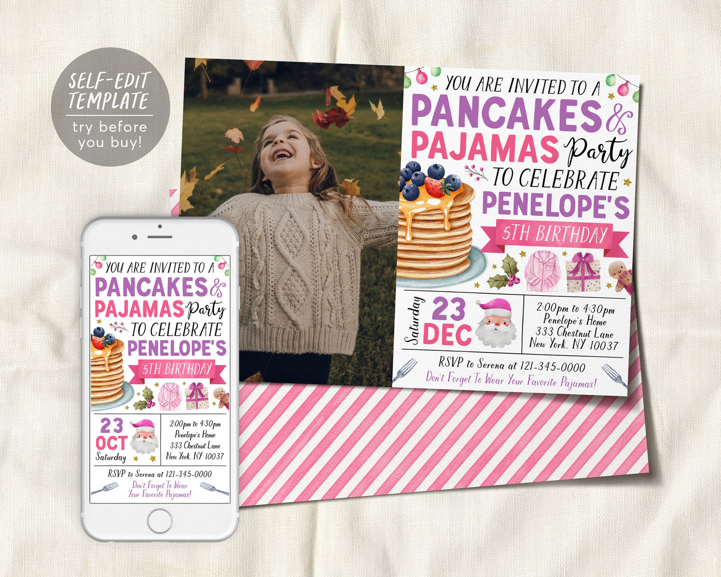 Christmas Pancakes and Pajamas Birthday Invitation With Photo Editable Template