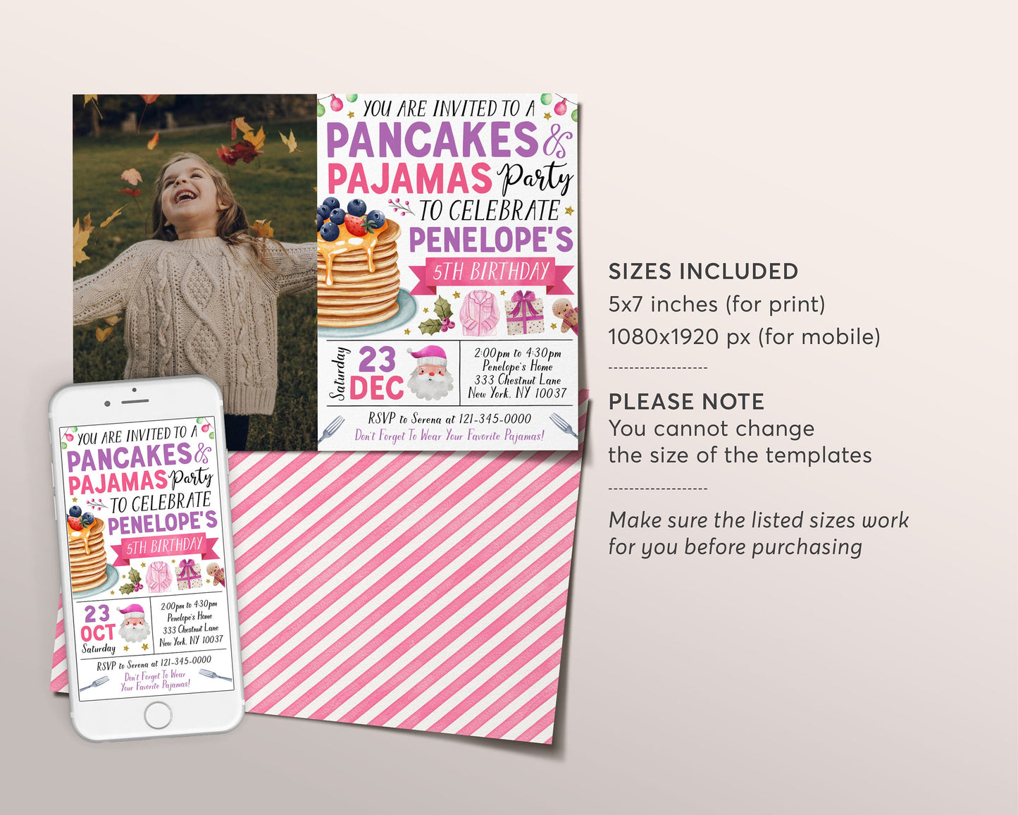 Christmas Pancakes and Pajamas Birthday Invitation With Photo Editable Template, Brunch Pancakes With Santa Party Invite, Kids Girl Evite