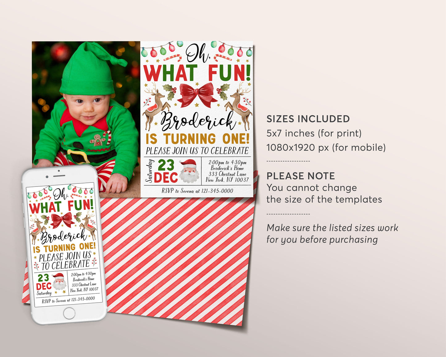 Christmas Birthday Invitation With Photo Editable Template, Oh What Fun First 1st Birthday Party Invite, Kids Festive Holiday Santa Evite