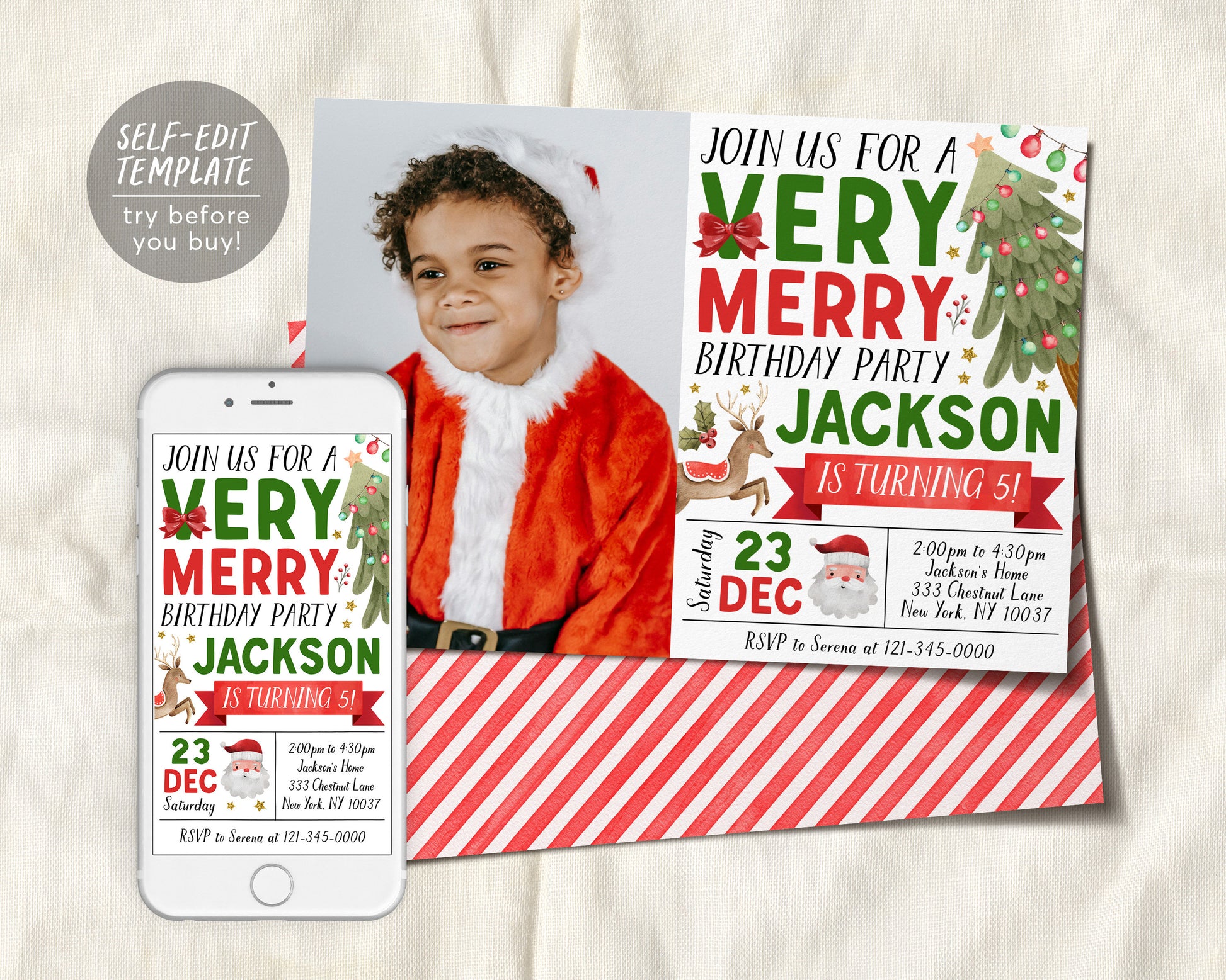 Christmas Very Merry Birthday Invitation With Photo Editable Template