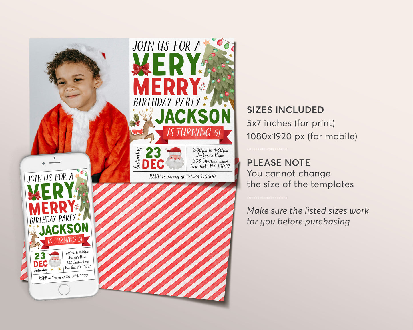 Christmas Very Merry Birthday Invitation With Photo Editable Template, Santa Holiday Winter Party Invite, Kids Unisex Festive Holiday Evite