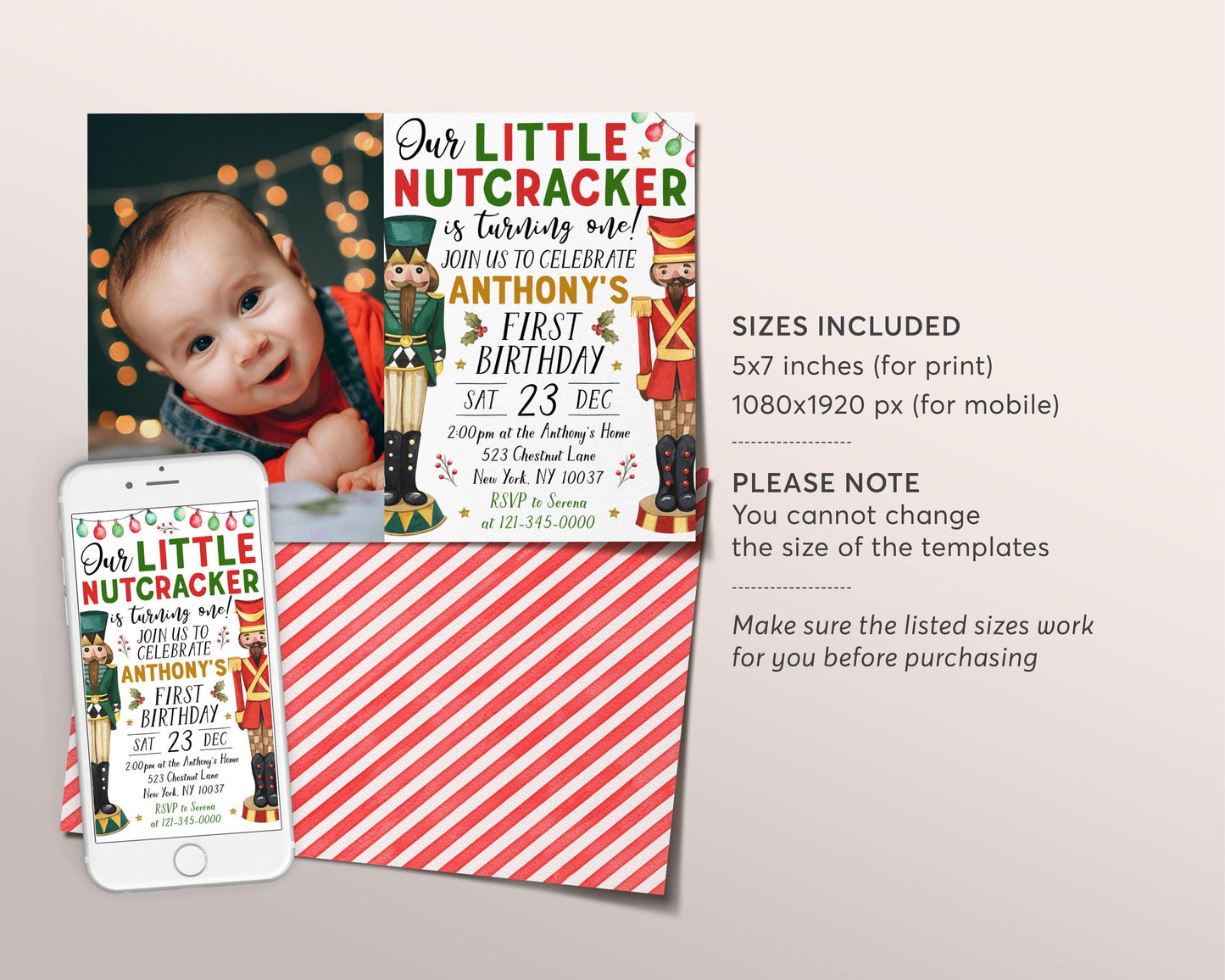 Little Nutcracker First Birthday Invitation With Photo Editable Template, Kids Nutcracker 1st Birthday Party Invite, Christmas Winter Evite