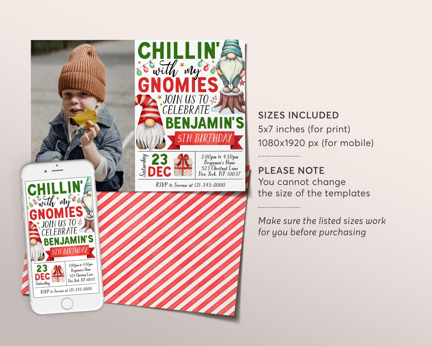 Gnome Birthday Invitation With Photo Editable Template, Kids Chillin' with My Gnomies Party Invite, Christmas Gnomes Winter Party Evite