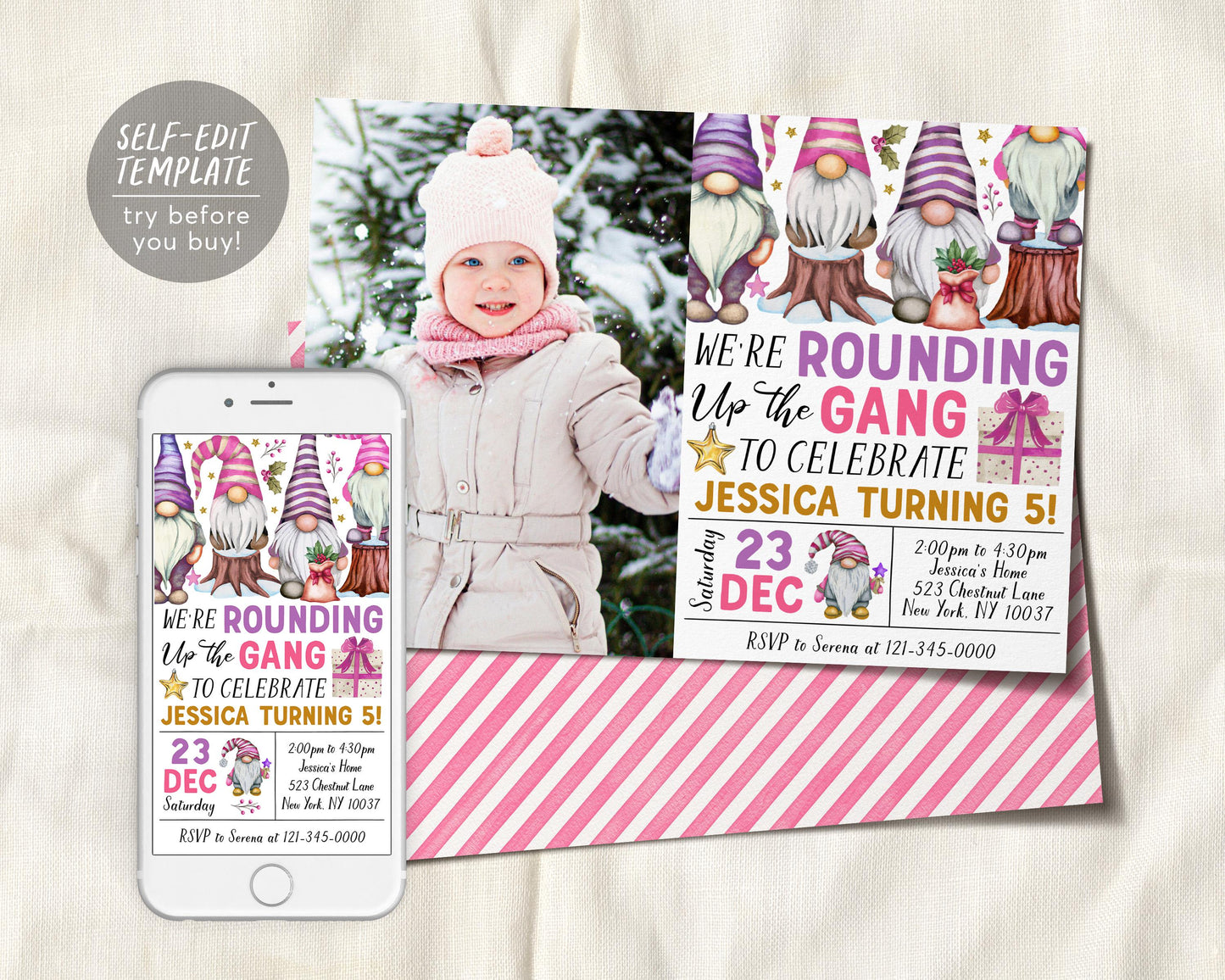 Gnome Birthday Invitation With Photo Editable Template